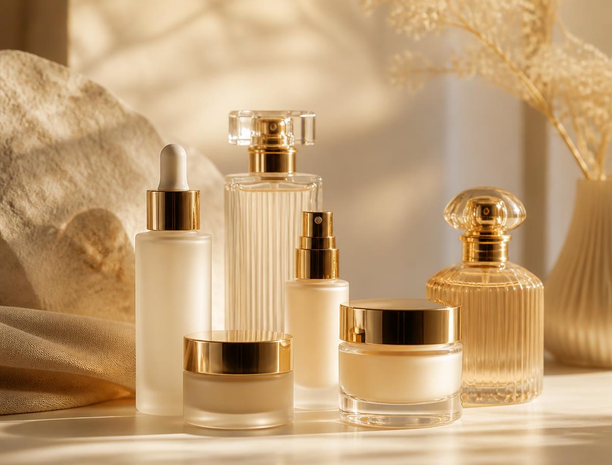 Frosted glass serum bottles, cream jars and perfume flacons arranged on a warm ivory surface