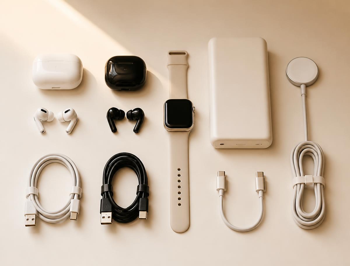 Unbranded consumer electronics accessories including earbud cases, a smartwatch, a power bank and coiled cables laid out in a grid