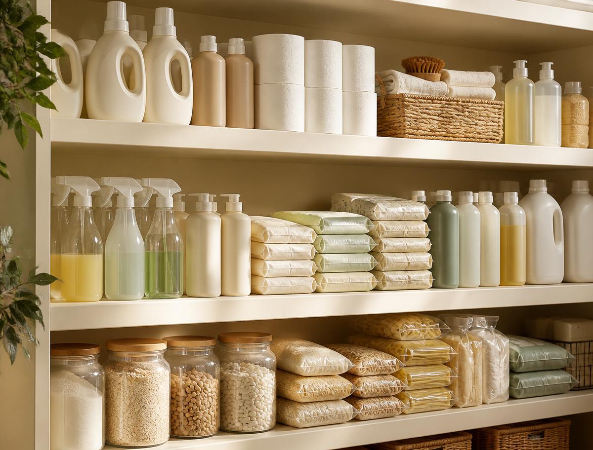 Household and FMCG goods including detergent bottles, cleaning sprays, paper goods and packaged dry staples arranged in tidy shelf rows